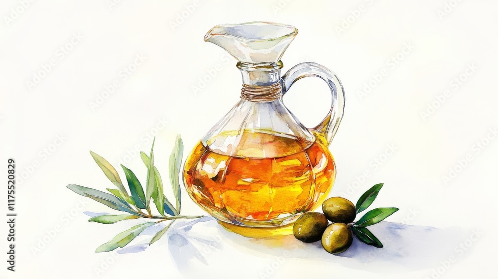 Glass Decanter of Olive Oil sits near Fresh Olives and Branch on White Background. Glass Decanter of Olive Oil sits near Fresh Olives and Branch on White Background.