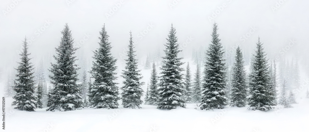 Obraz premium Set of snow-covered evergreen conifer trees on a white winter landscape.Picturesque nature background.Isolated elements for holiday themes, nature and seasonal exterior designs. Generative ai