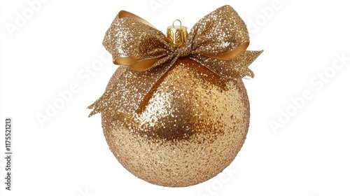 Gold Glitter Christmas Ornament Decorated with a Sparkling Bow on White Background. photo