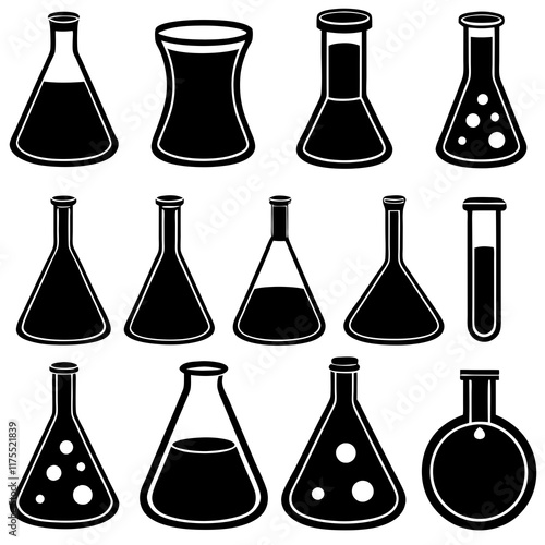 Collection of Black and White Scientific Laboratory Glassware