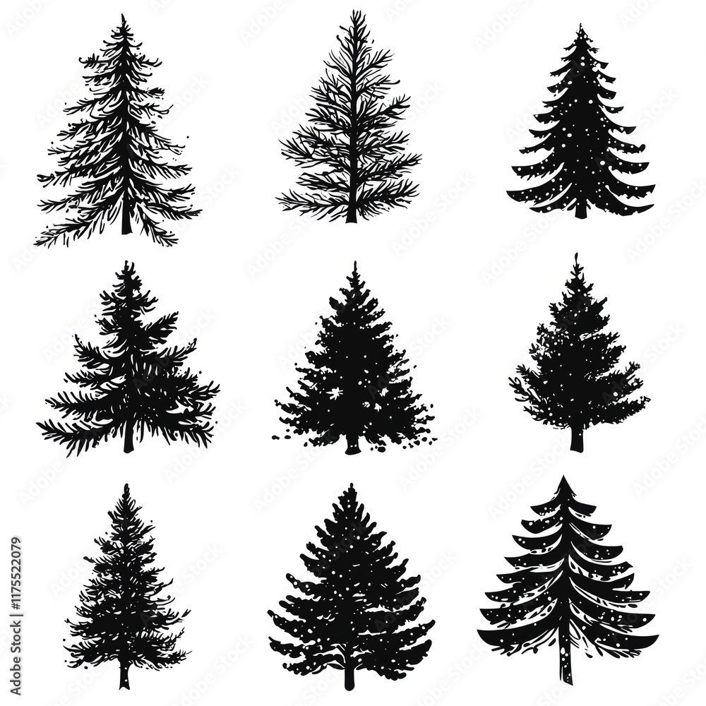 Set of black silhouettes of Christmas trees and pine trees with unique designs, isolated on a white. Generative ai Set of black silhouettes of Christmas trees and pine trees with unique designs, isolated on a white. Generative ai