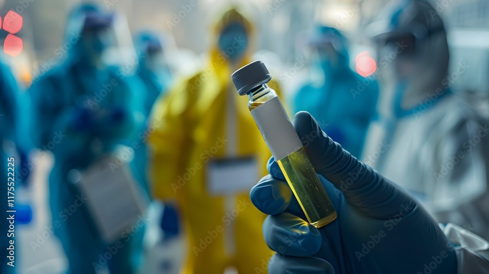 Fototapeta premium Healthcare workers in protective gear handling a sample in a clinical setting during a pandemic