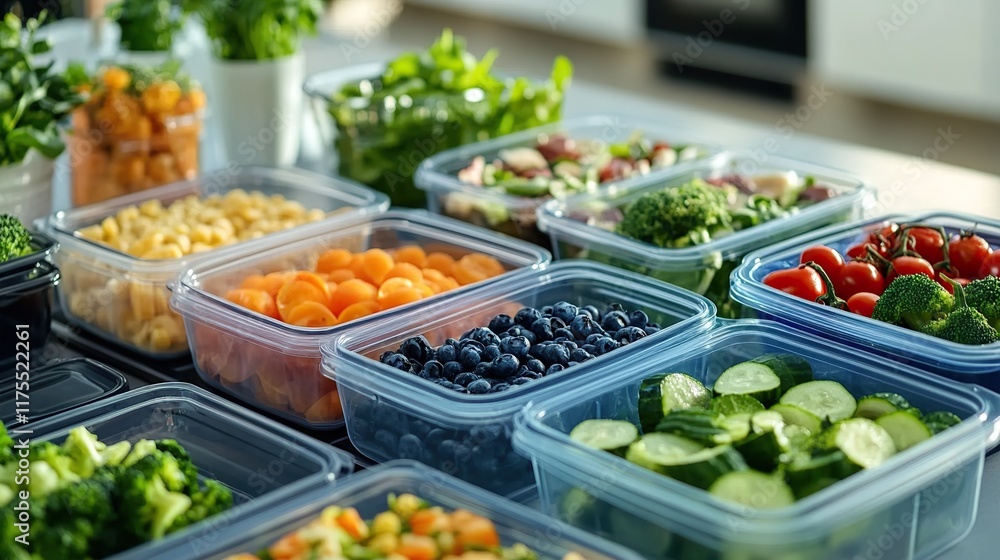 A meal prep scene with containers filled with balanced, healthy foods. A meal prep scene with containers filled with balanced, healthy foods.