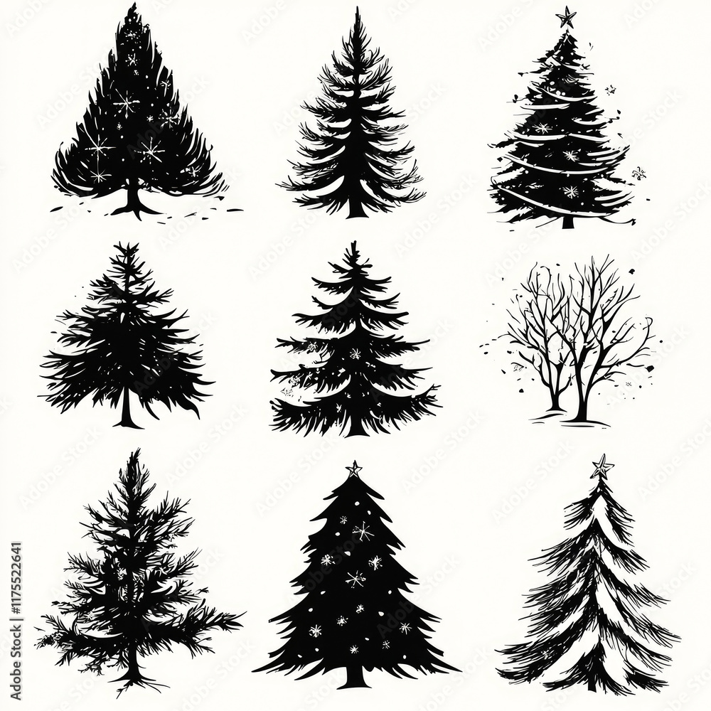 Fototapeta premium Set of black silhouettes of Christmas trees and pine trees with unique designs, isolated on a white. Generative ai
