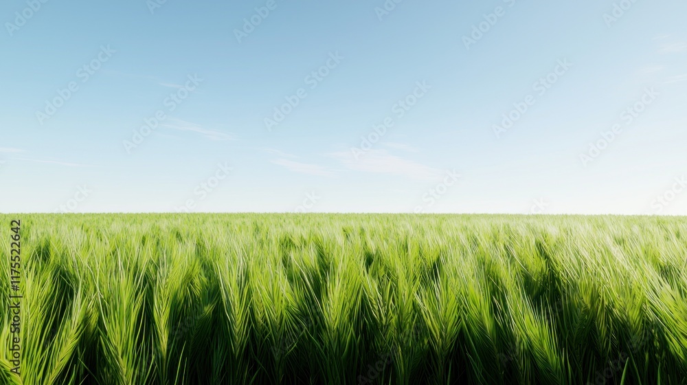 Obraz premium Lush green field under a clear blue sky, evoking tranquility.