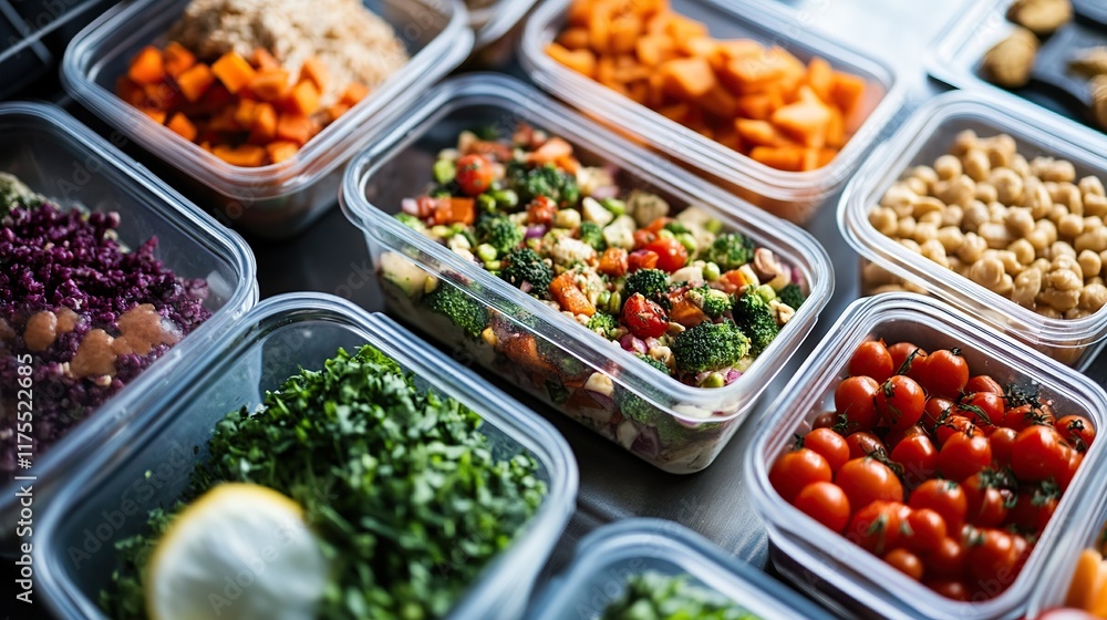 A meal prep scene with containers filled with balanced, healthy foods. A meal prep scene with containers filled with balanced, healthy foods.