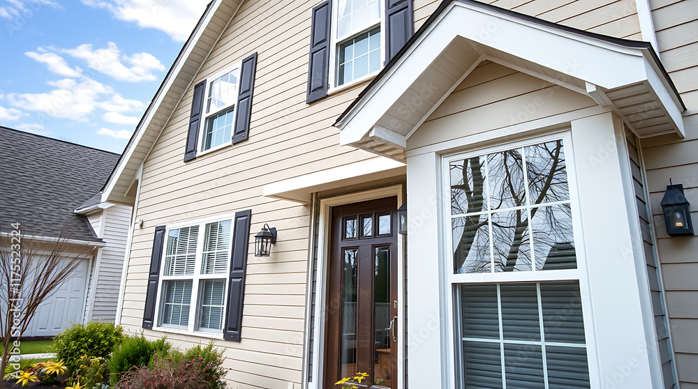 Beige House Exterior with Windows and Shutters Beige House Exterior with Windows and Shutters