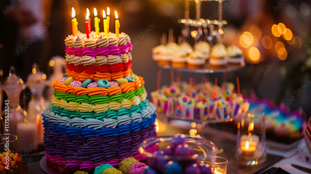 Pay attention to the rainbow frosting wedding cake with candles on top and the beautiful sweets in a glass container Pay attention to the rainbow frosting wedding cake with candles on top and the beautiful sweets in a glass container