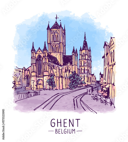 Architecture sketch illustration. An urban colorful landscape of Ghent, Belgium. Historical building line art. Freehand digital drawing. Hand drawn travel postcard of Ghent. Banner, poster. Vector