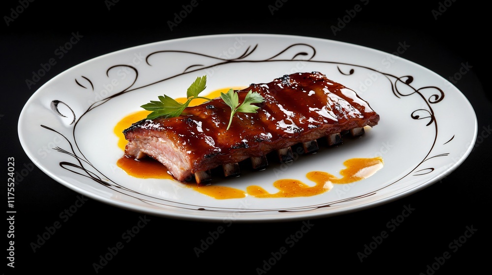 Glazed ribs plated elegantly, isolated on a black background with decorative swirls of sauce Glazed ribs plated elegantly, isolated on a black background with decorative swirls of sauce