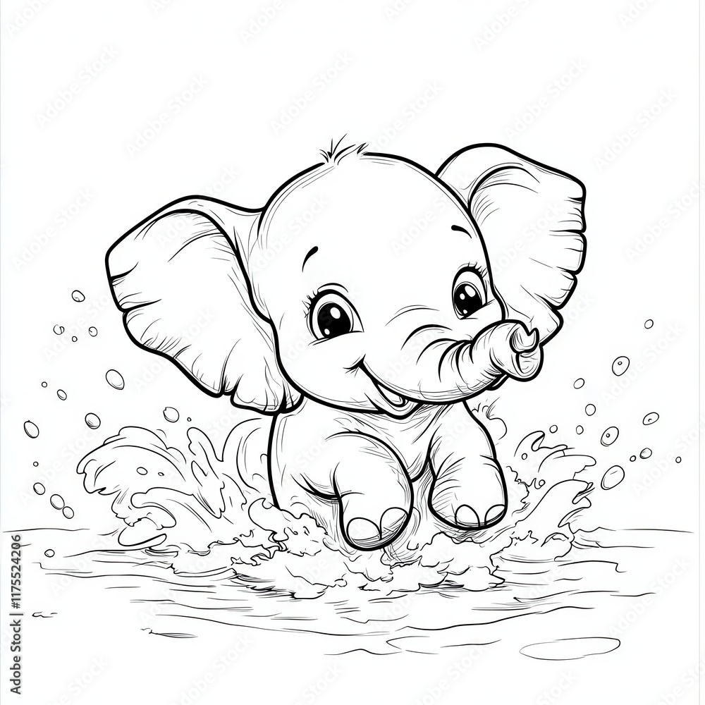 Fototapeta premium Adorable cartoon baby elephant splashing in water.