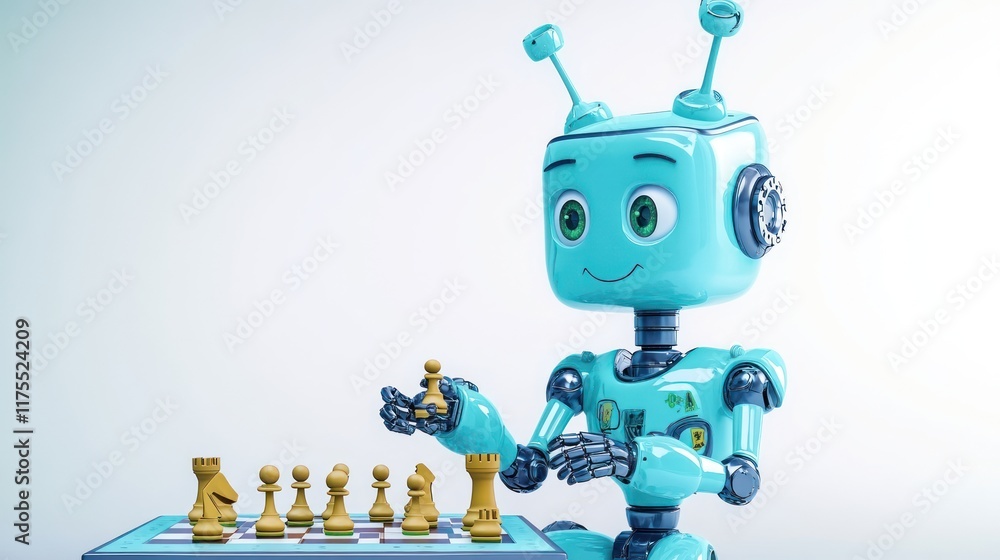 Naklejka premium A cheerful robot playing chess with wooden pieces.