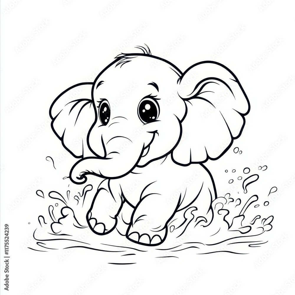 Cute cartoon elephant splashing in water.