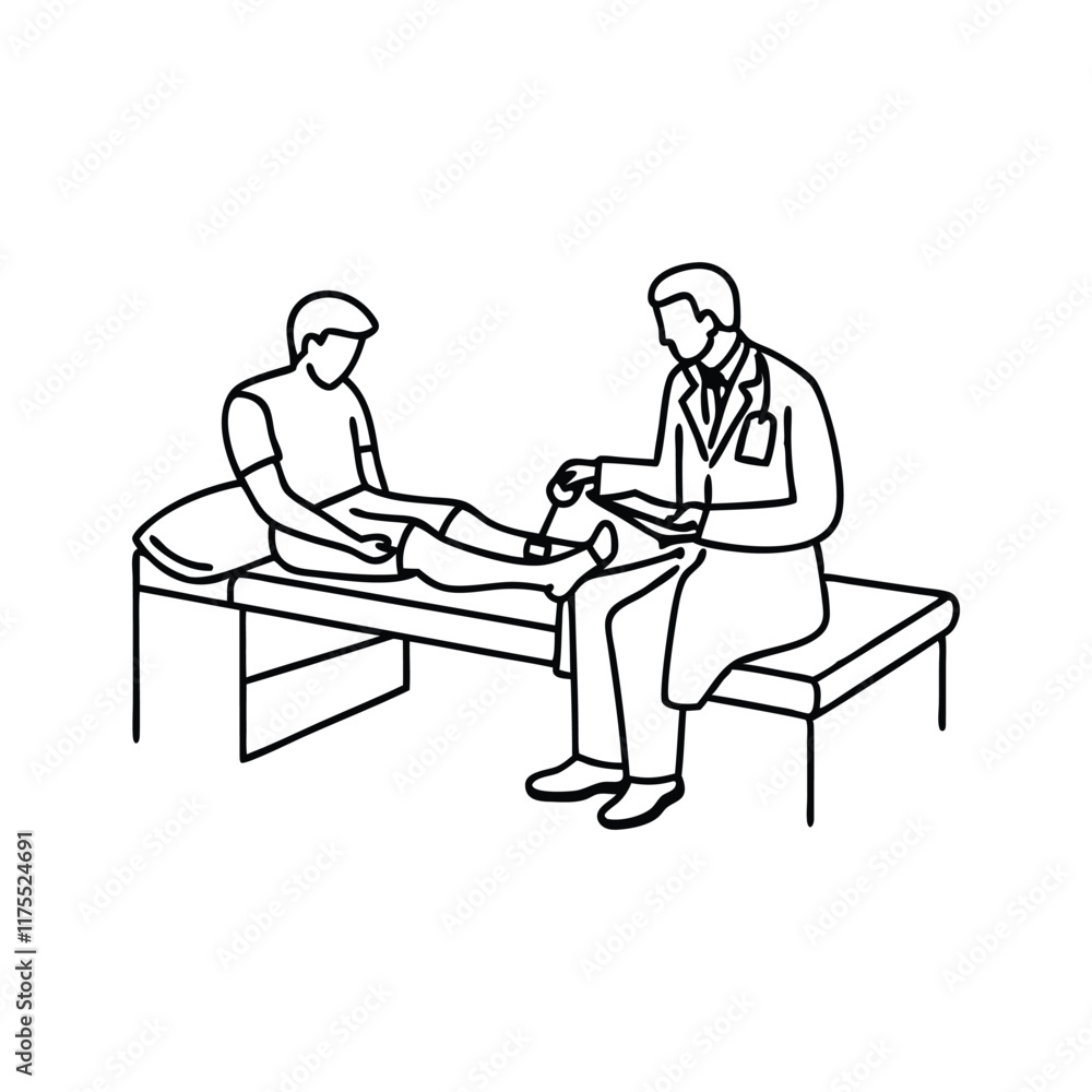 Physician assesses a mans leg for any medical issues in a doctor's office continuous line art. Physician assesses a mans leg for any medical issues in a doctor's office continuous line art.