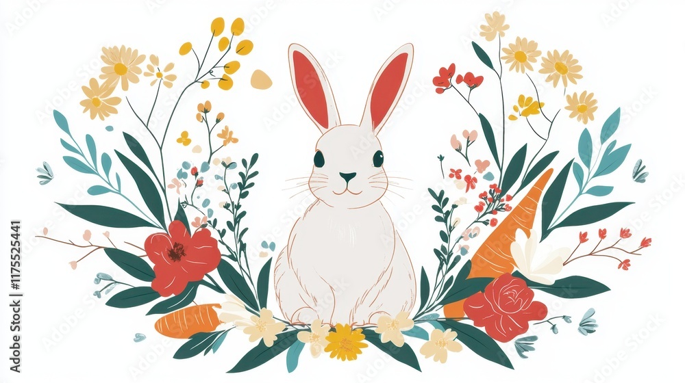 Festive Easter logo with a bunny and carrot motif surrounded by floral accents, set on white. Festive Easter logo with a bunny and carrot motif surrounded by floral accents, set on white.