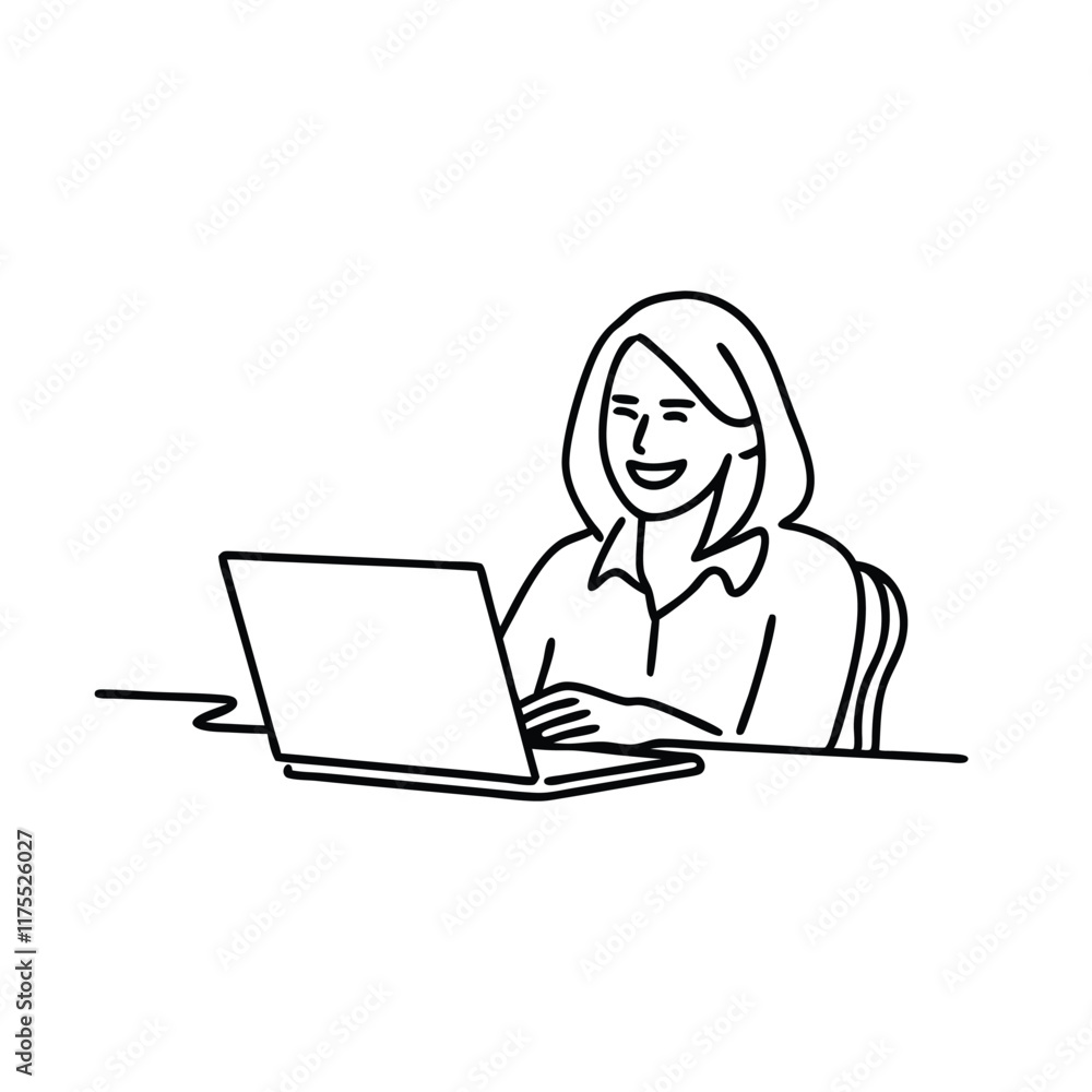 Woman smiles brightly while working on her laptop, showcasing a moment of joy and productivity continuous line art. Woman smiles brightly while working on her laptop, showcasing a moment of joy and productivity continuous line art.