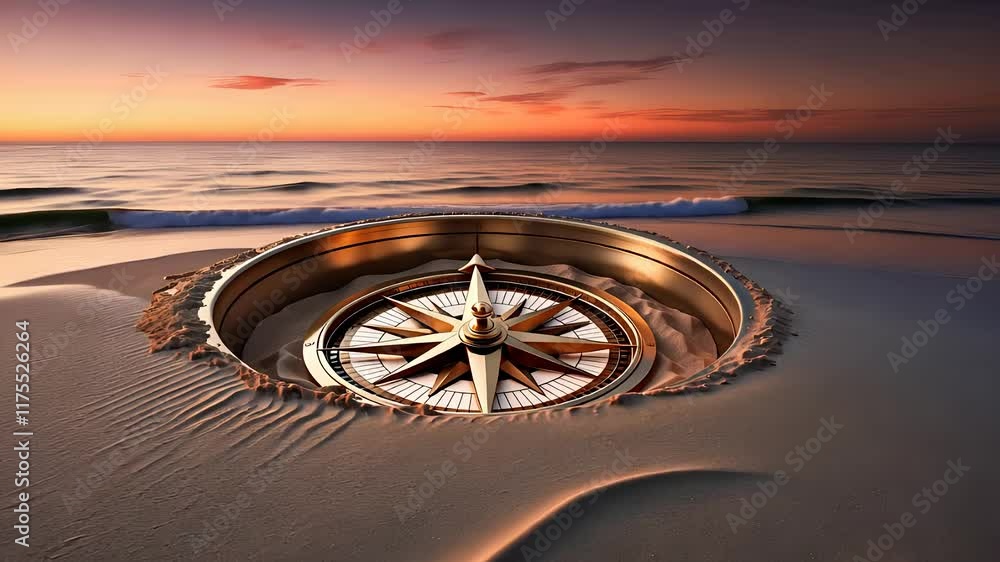 Golden Compass Embedded in Sandy Beach at Sunset with Ocean Waves and a Vibrant Horizon

