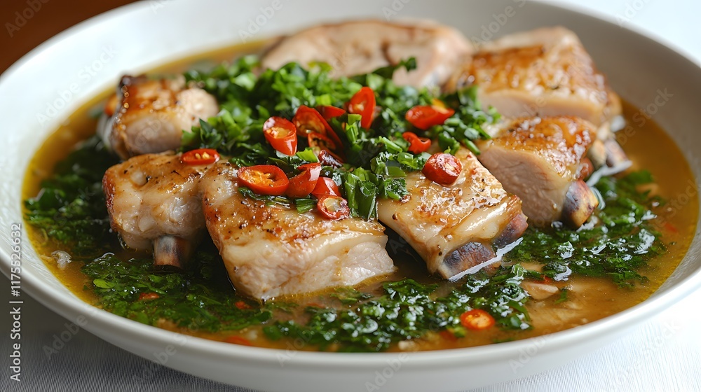 Delicious roasted chicken pieces in a savory sauce with herbs and chili. Delicious roasted chicken pieces in a savory sauce with herbs and chili.