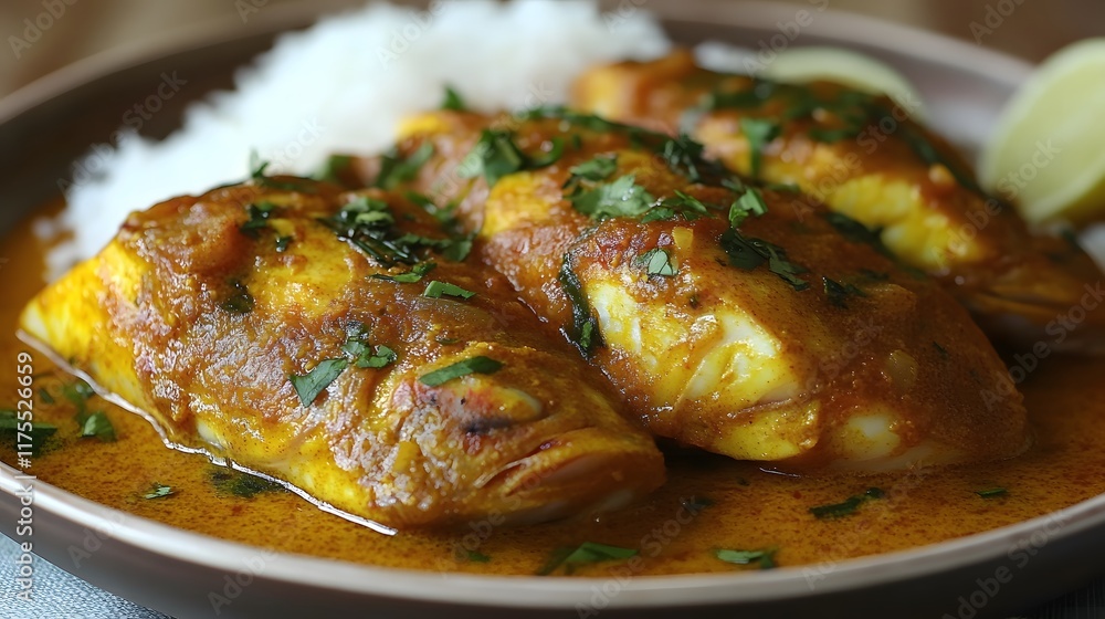 Delicious fish curry served with rice and lime wedges on a dark plate. Delicious fish curry served with rice and lime wedges on a dark plate.