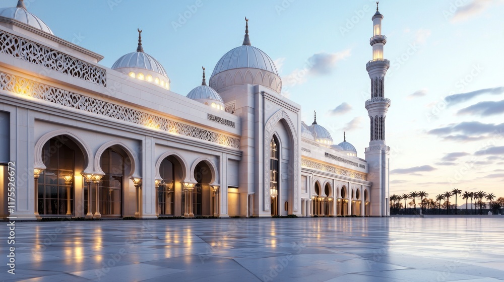 Fototapeta premium Majestic mosque exterior at dawn with domes and minaret.