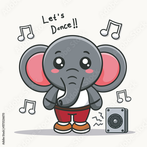 Cute elephant character encouraging a fun dance party with music notes and speaker background