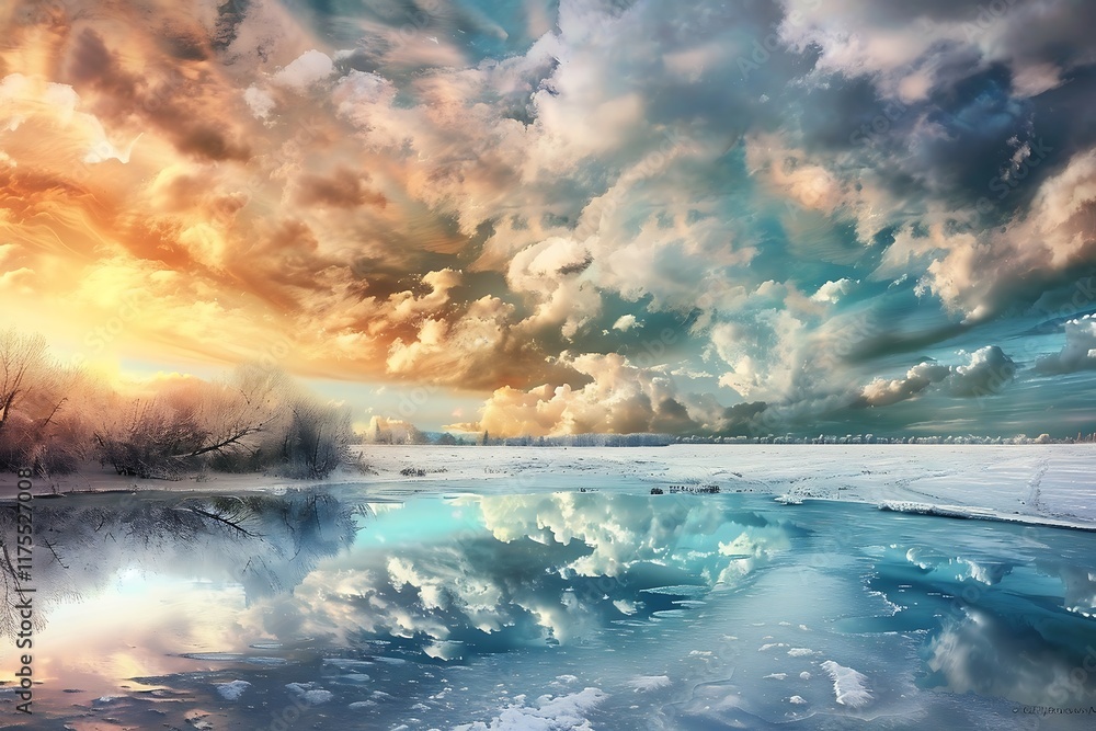 Fototapeta premium Beautiful winter landscape with snow covered road and cloudy sky at sunset