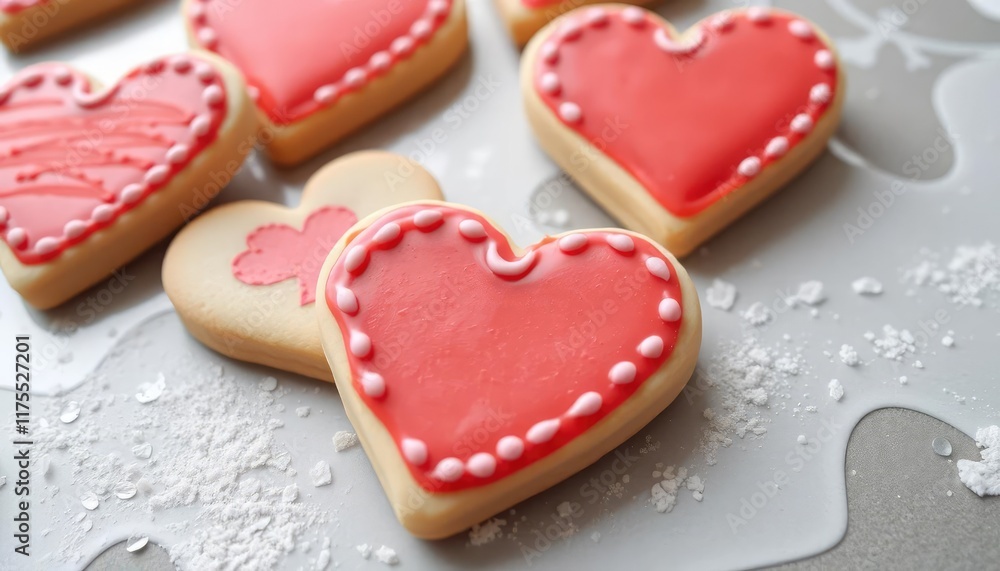 Heart-shaped cookies, iced in pink, on a light gray surface Heart-shaped cookies, iced in pink, on a light gray surface