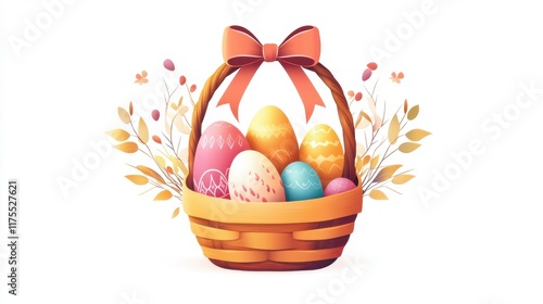 Modern Easter logo featuring a basket filled with eggs and a ribbon, isolated on a white background.