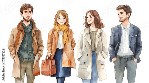 4人組の若い社会人の水彩イラスト