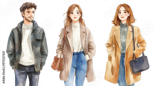 コートを着た若い人物の水彩イラスト