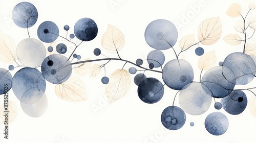 Elegant watercolor design with blue and beige circular shapes and delicate leaves on a simple background