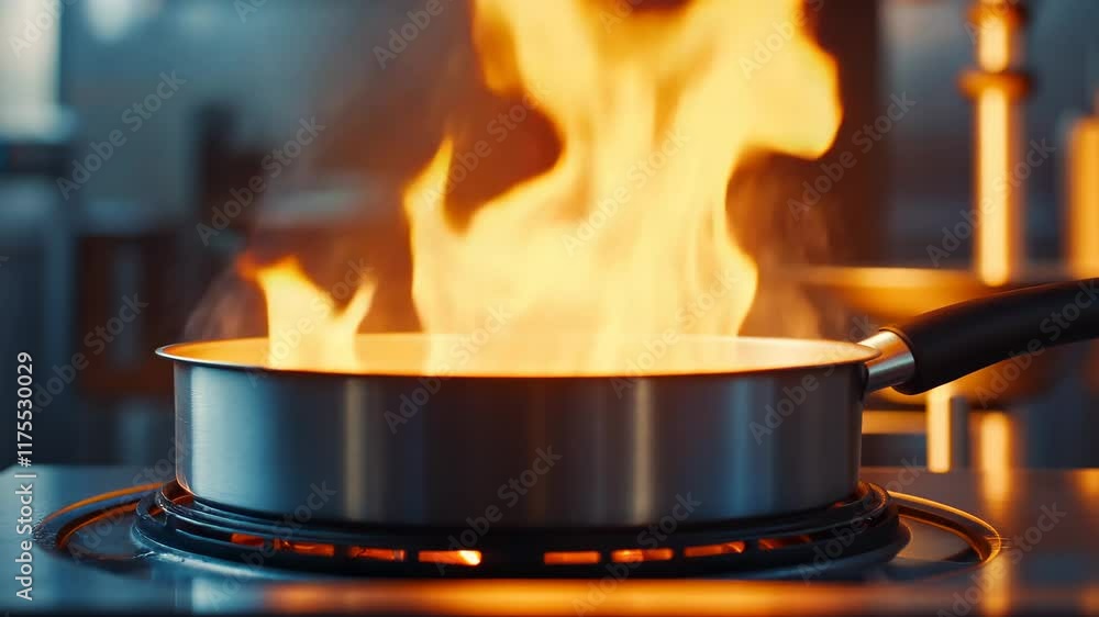 Cooking with fire in a kitchen, creating a spectacular flame. A pan ignites with vibrant flames Cooking with fire in a kitchen, creating a spectacular flame. A pan ignites with vibrant flames