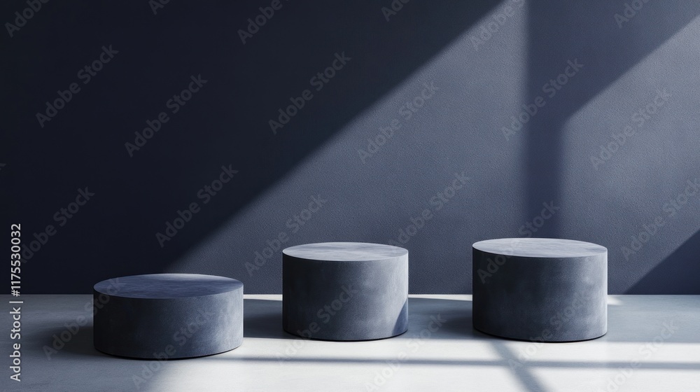 Three dark gray cylindrical podiums against a dark wall with sunlight.