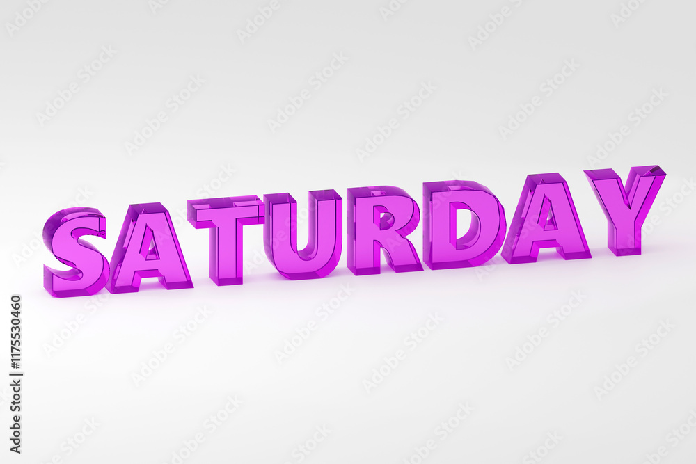 Inscription made by purple glass Saturday on grey podium, soft light, smooth background, 3d rendering Inscription made by purple glass Saturday on grey podium, soft light, smooth background, 3d rendering