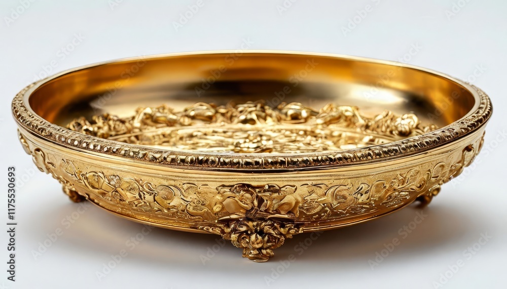 A 3D 4K gold ornamental bowl with intricate floral and vine patterns carved along its rim and interior. The elegant craftsmanship and luxurious finish make it A 3D 4K gold ornamental bowl with intricate floral and vine patterns carved along its rim and interior. The elegant craftsmanship and luxurious finish make it