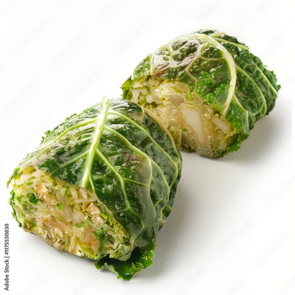 Obraz premium Two halves of savoy cabbage rolls stuffed with chopped vegetables presented on a white background