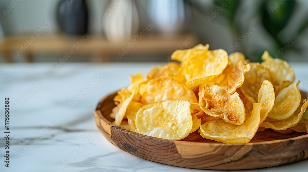 Potato chips on wooden plate isolated on soft background Potato chips on wooden plate isolated on soft background