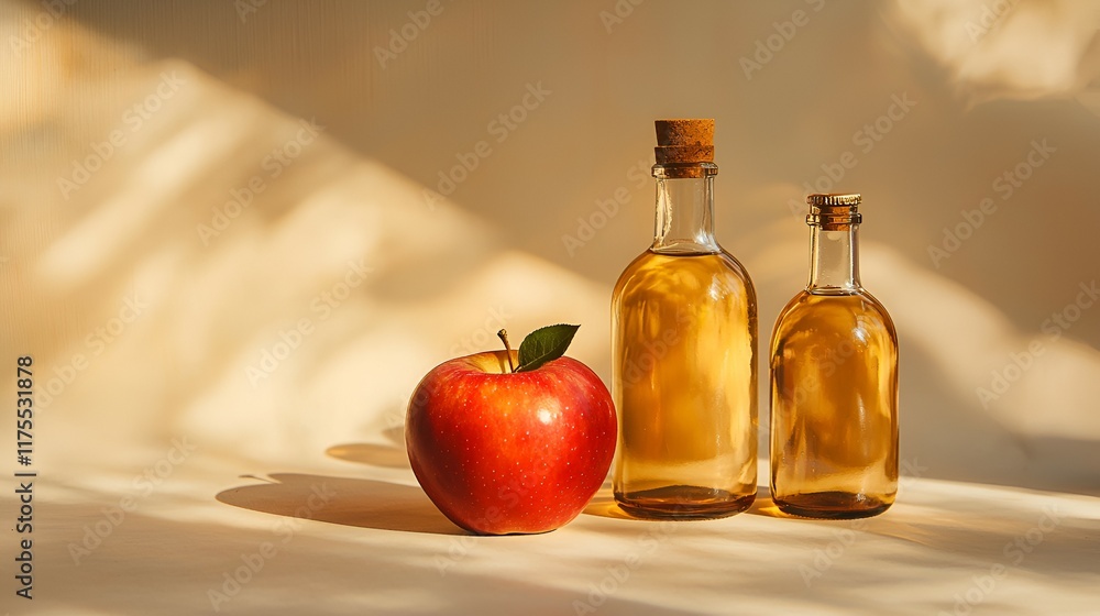 Sunlit Apple Cider Vinegar: Rustic Bottles and Ripe Red Apple Sunlit Apple Cider Vinegar: Rustic Bottles and Ripe Red Apple