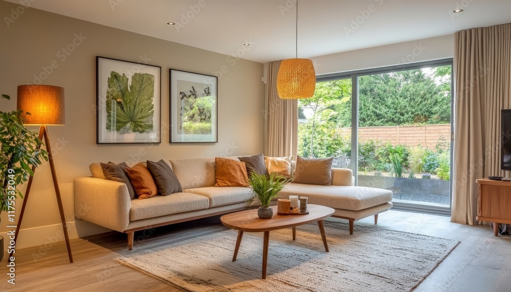 Fototapeta premium Modern Beige Sectional Sofa Living Room Interior Design