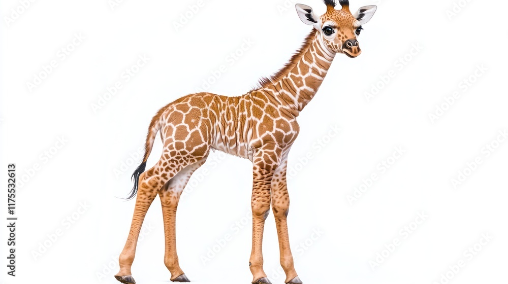 Fototapeta premium A young giraffe standing against a white background.