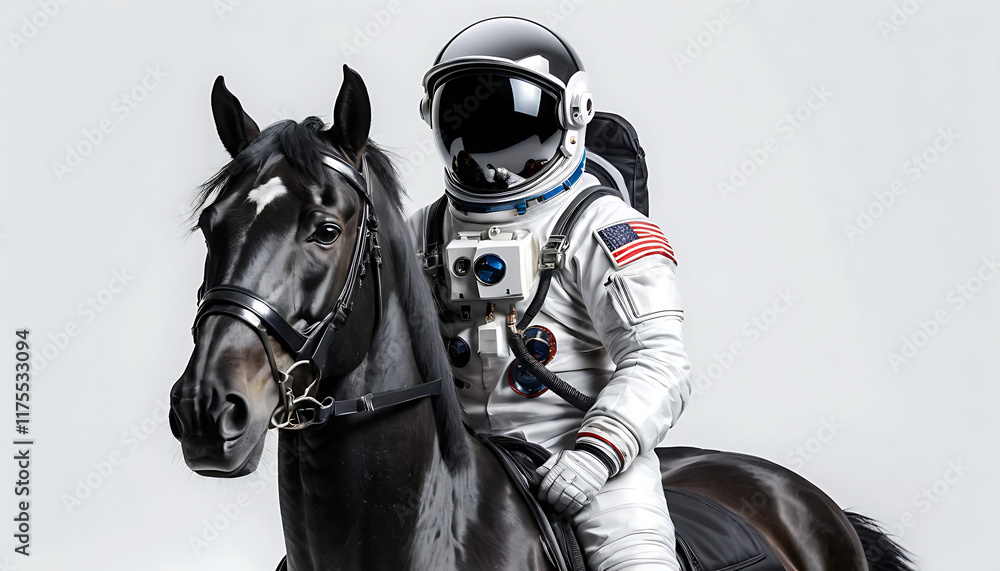 Fototapeta premium Astronaut riding black horse, studio shot.