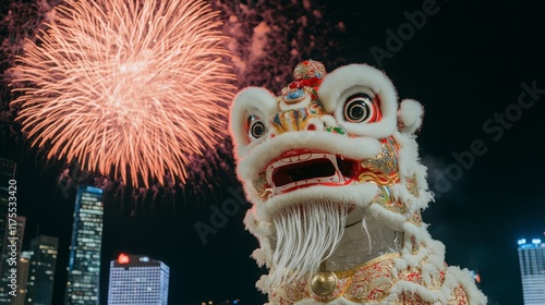 Colorful lion dance head with fireworks in night sky celebration photo