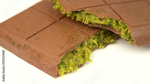 Dubai chocolate bar with green pistachio nuts kadaif dessert.