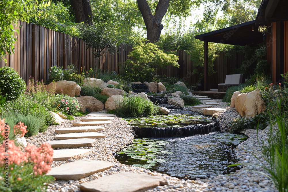 Fototapeta premium Serene Backyard Water Feature With Stone Path And Landscaping