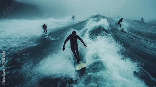 A wide-angle shot of multiple surfers riding towering waves, with the ocean crashing and mist rising from the impact, capturing the power of the waves photo