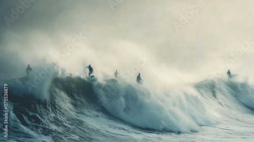 A wide-angle shot of multiple surfers riding towering waves, with the ocean crashing and mist rising from the impact, capturing the power of the waves