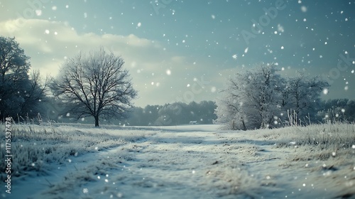 Crisp winter landscape with falling snowflakes on frozen trees and plenty of copy space for holiday greetings