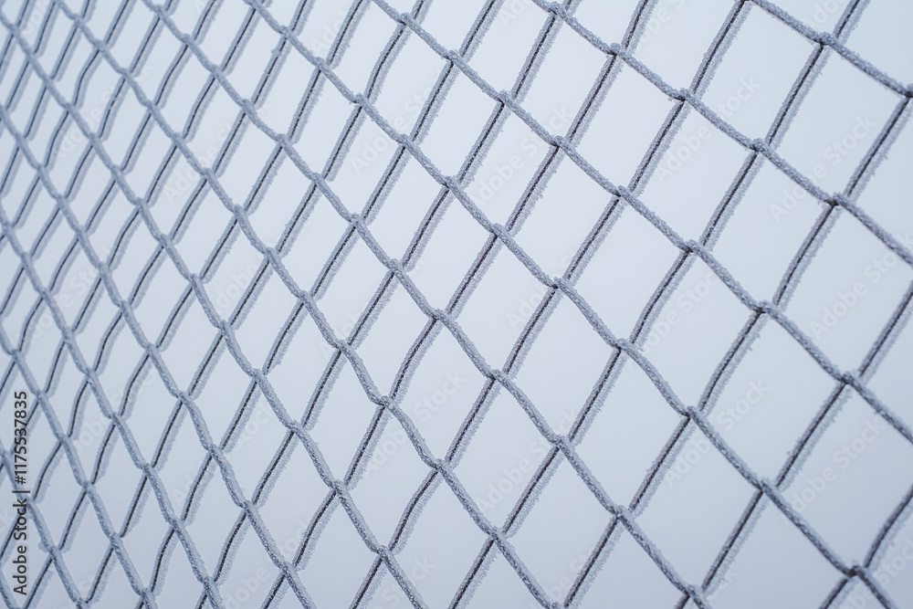 Fototapeta premium Looking through frozen wire fence covered with ice