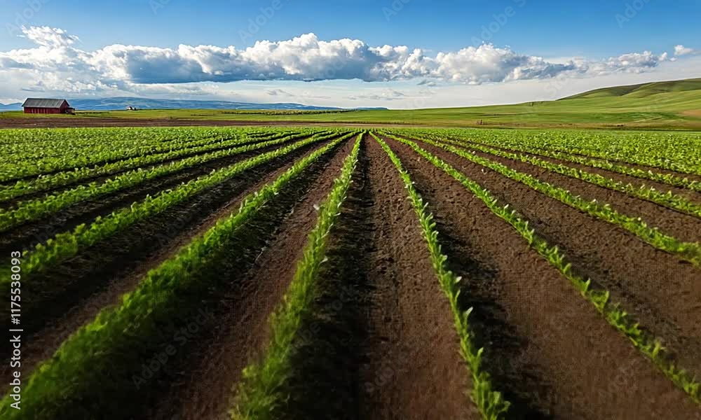 Rural farmland sprouts, rows, red barn, hills Rural farmland sprouts, rows, red barn, hills