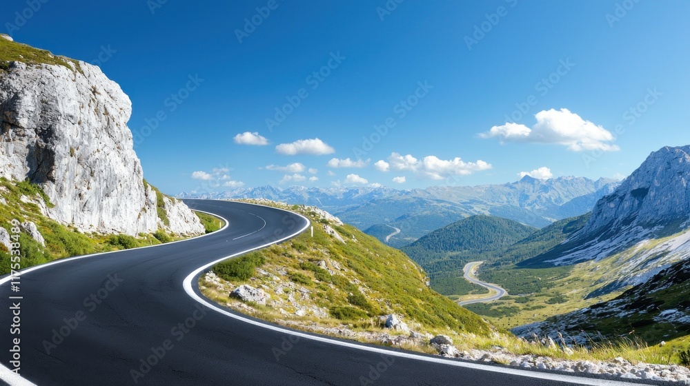 Naklejka premium Scenic winding road through mountains with clear blue sky.